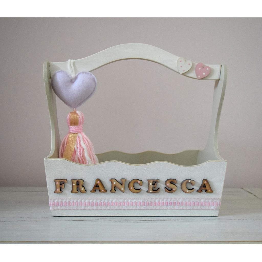 Canasta rosa, blanco y oro, con aplique