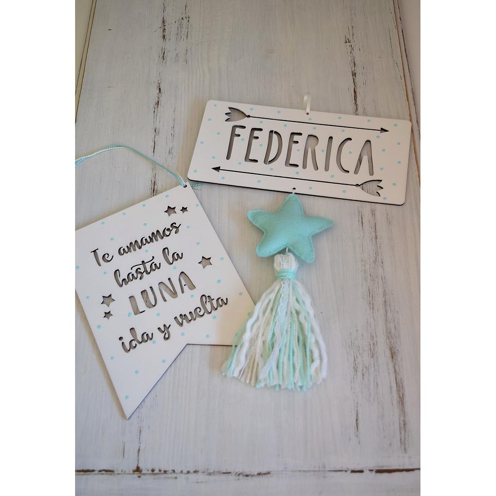 Cartel y banderin en verde agua y blanco