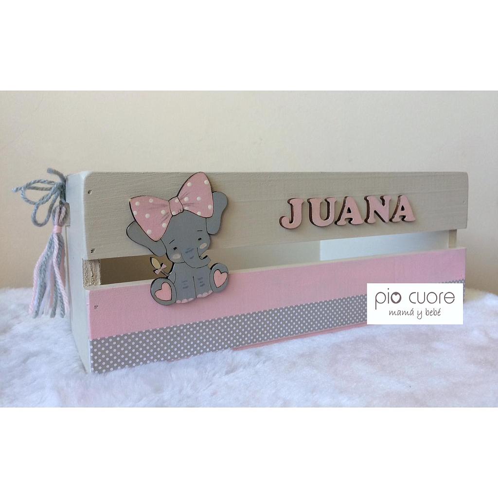 Canasto con aplique elefante. En rosa y gris