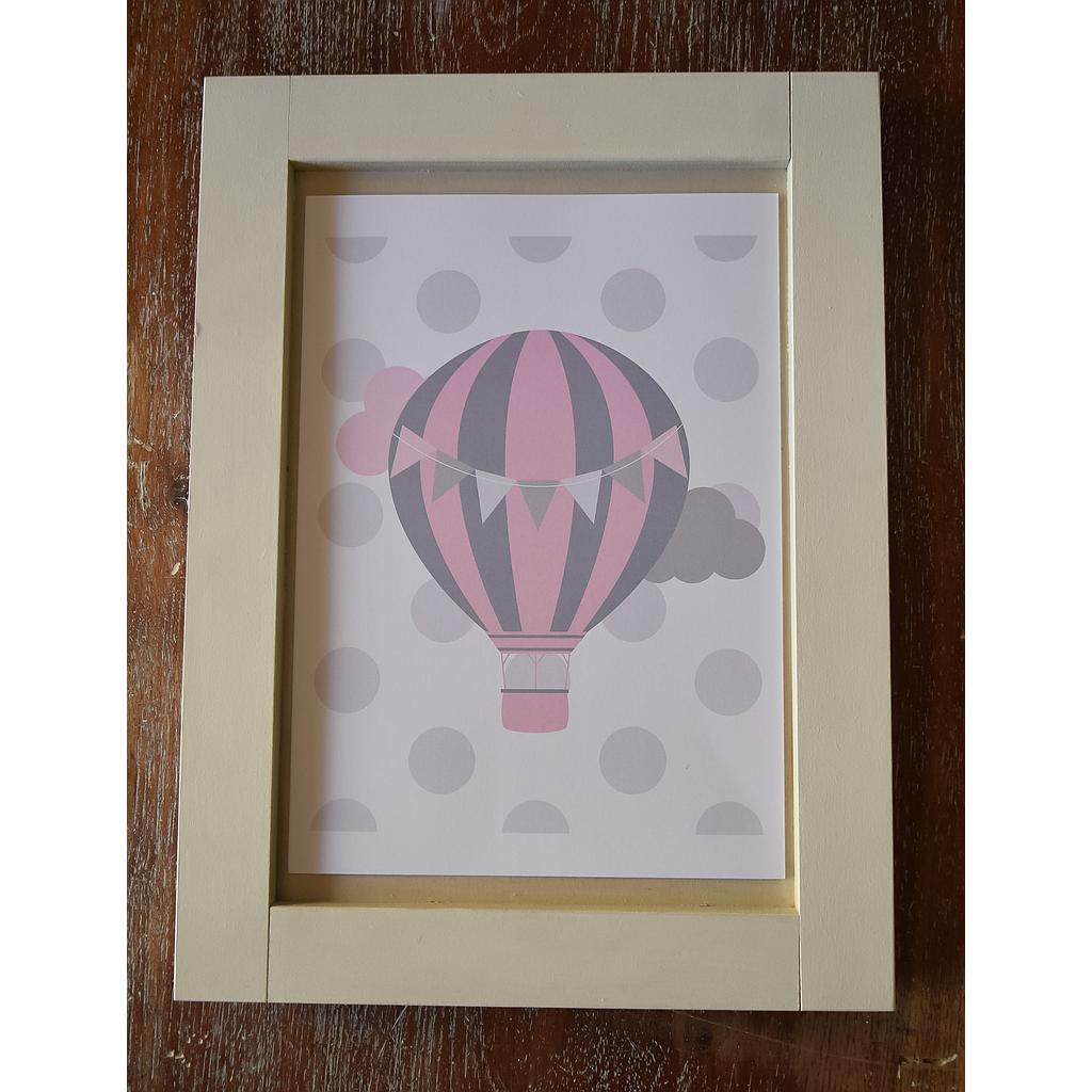 Cuadro globo aerostatico con nube en rosa blanco y gris