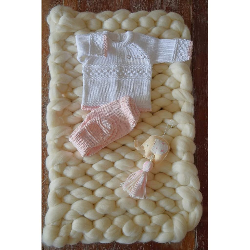 Conjunto RN en dralon rosa pastel y blanco