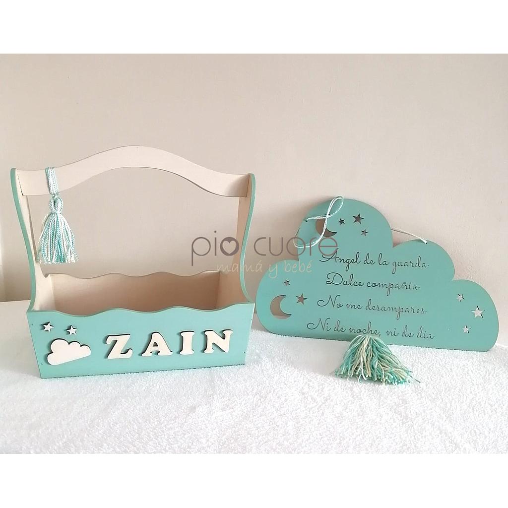 Set de Canasta Verde agua y blanco y Nube Angel de la guarda
