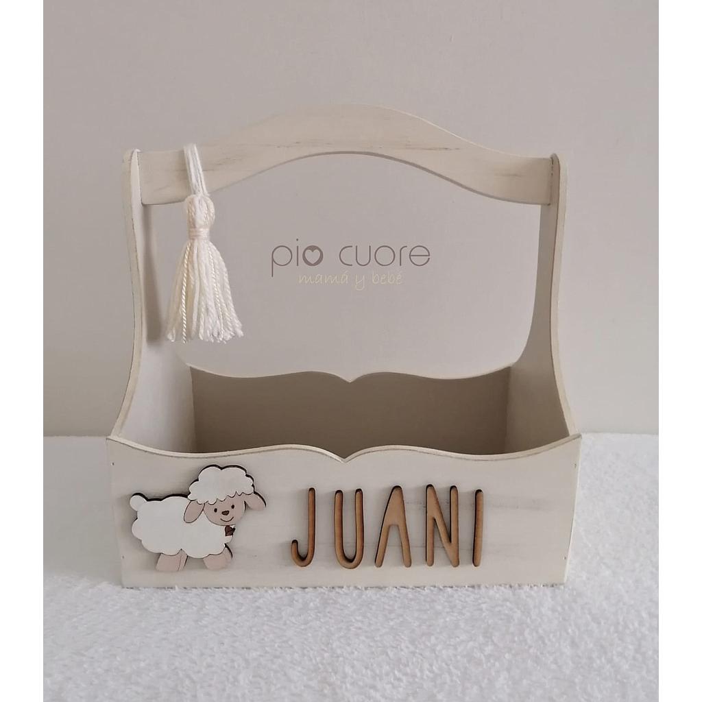 Canasta Oveja con nombre en beige y marrón 