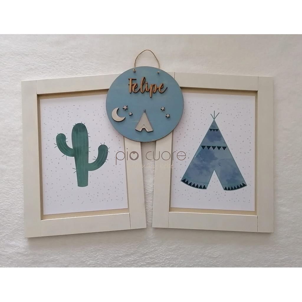 Set de dos cuadros de carpa y cactus+ cartel circular personalizado