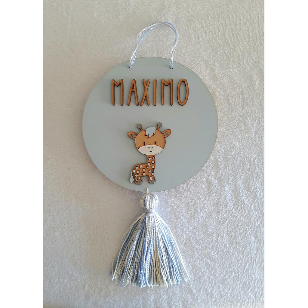 Cartel circular con aplique de jirafa en Celeste pastel, gris, madera y blanco