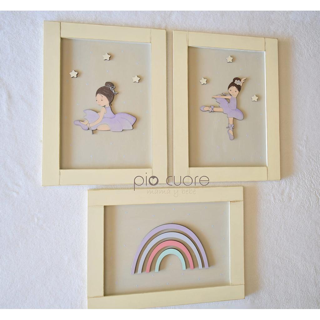 Cuadro con aplique pintado de  bailarina, arcoiris