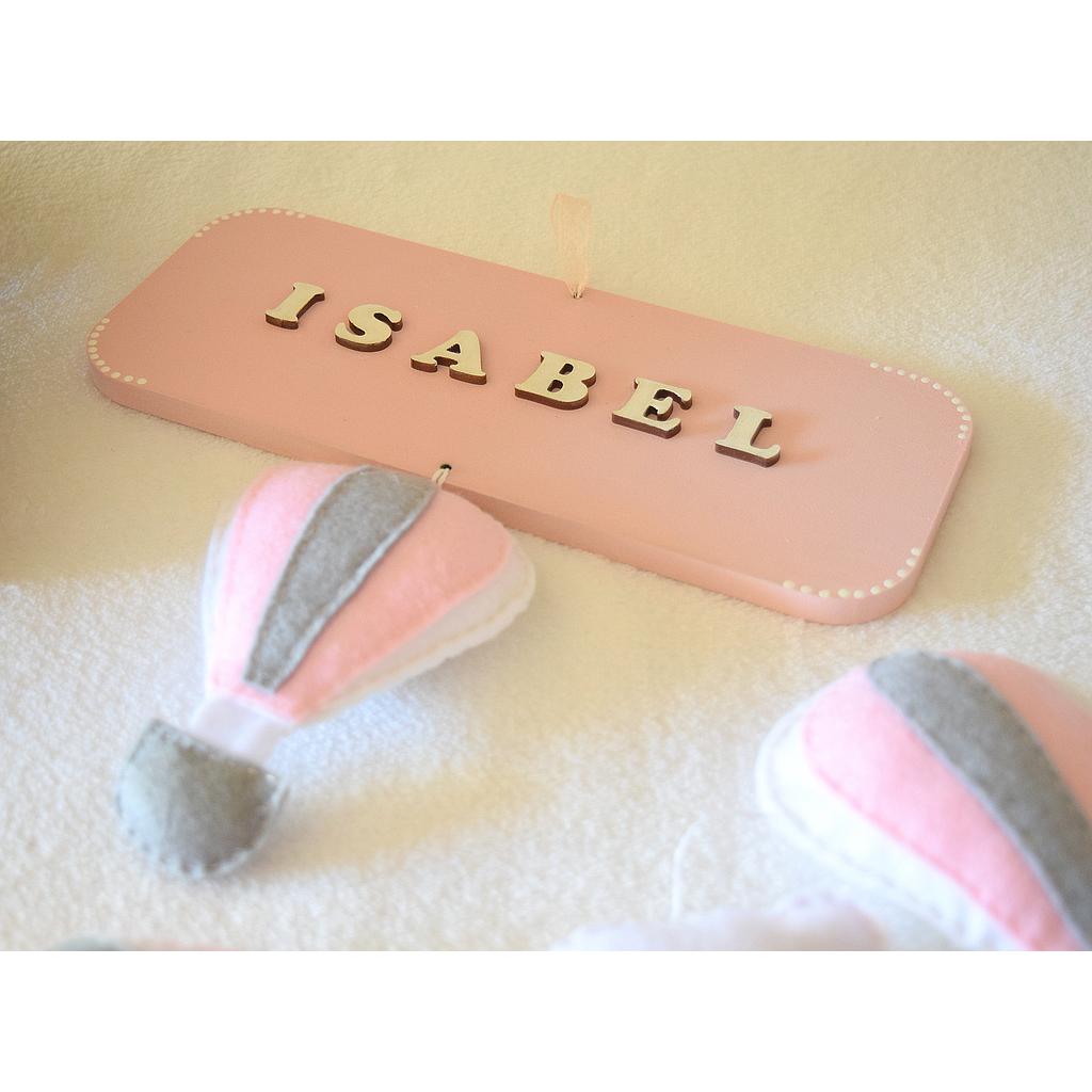 Cartel rectangular con aplique de globo aerostático en gris, blanco y rosa